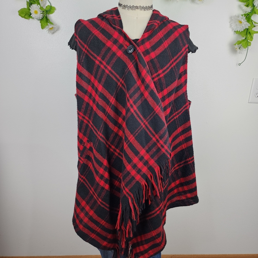 Rewind Cardigan Poncho Red & Black Plaid With Hood And Deep Pockets Sz 2X